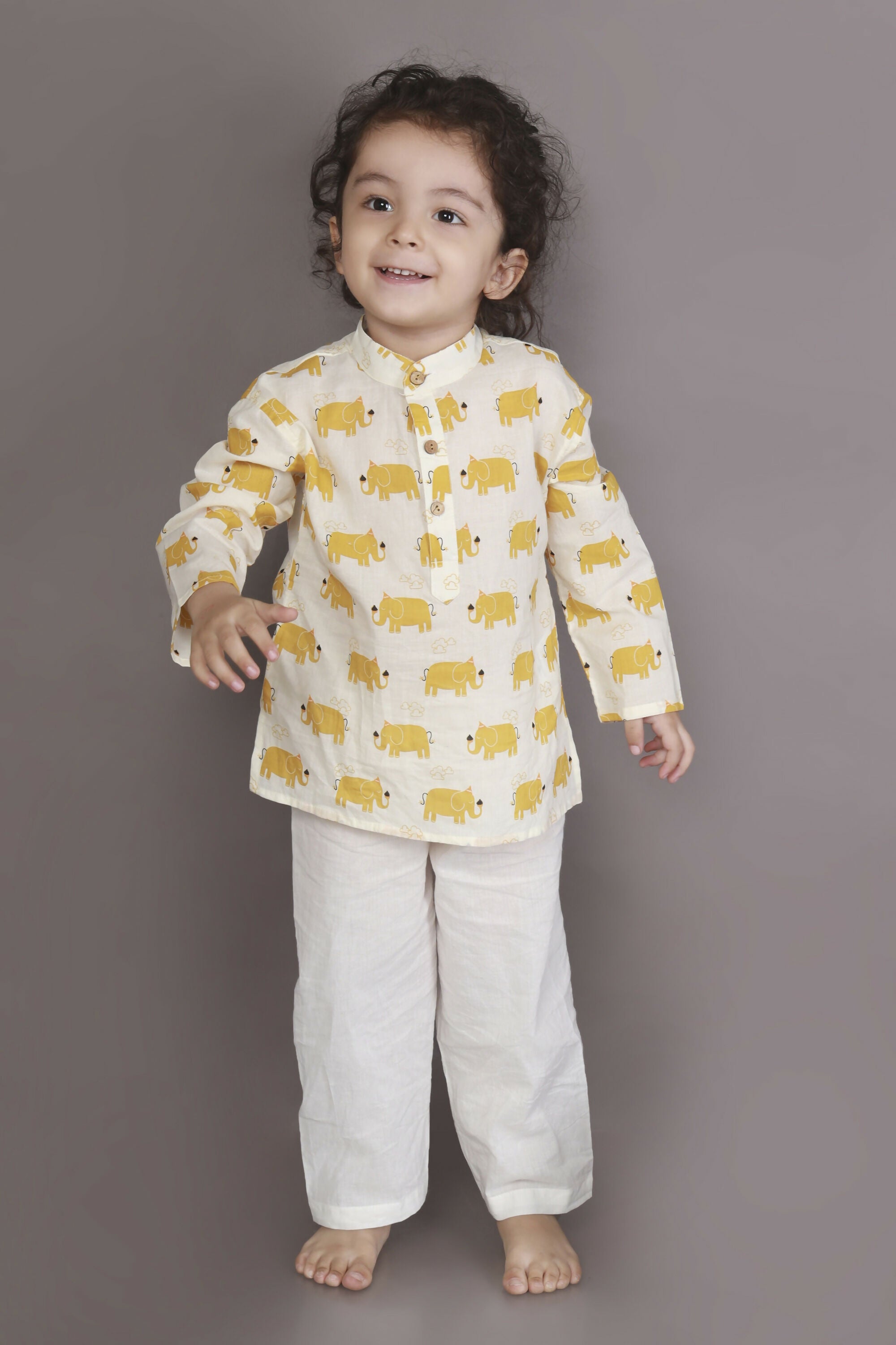 Breathables Kids Cotton Night Suit – Yellow Elephant Print Kurta & Pyjama Co-Ord Set For Boys & Girls - Dista