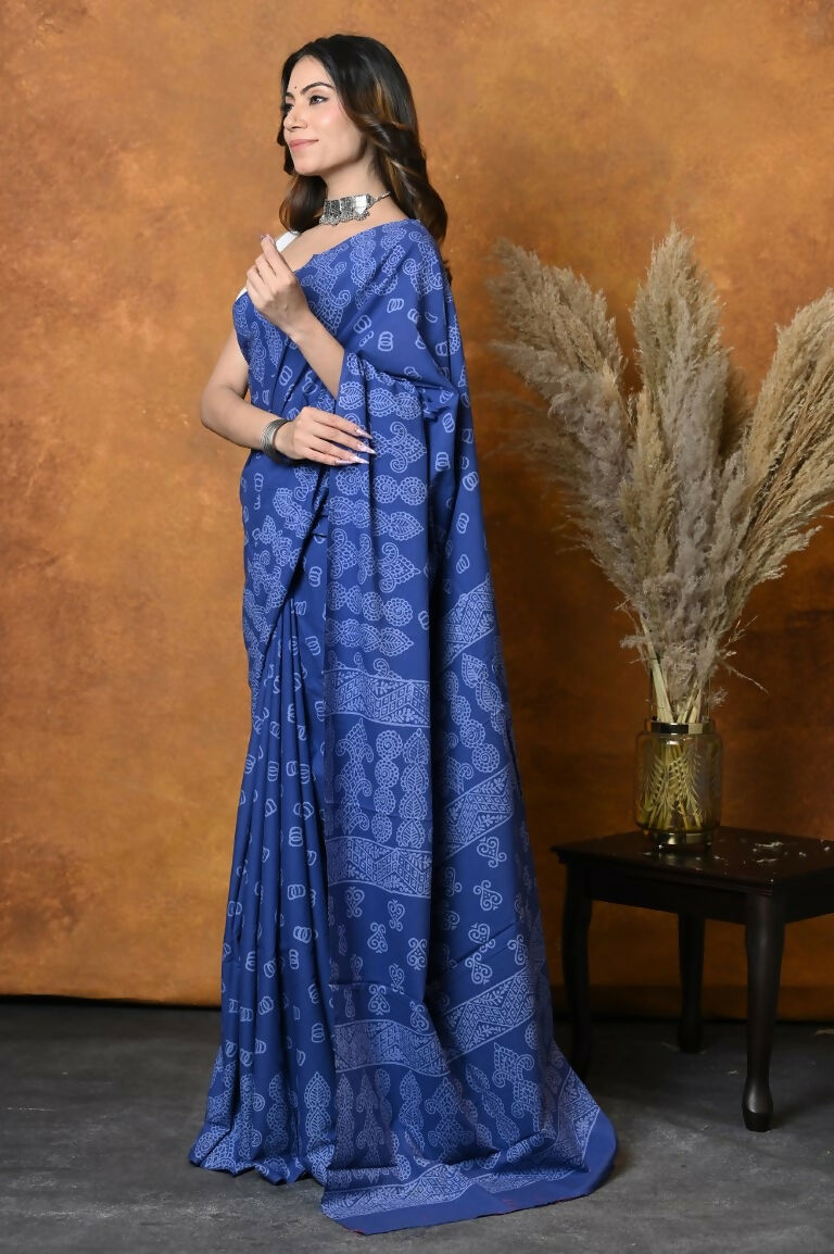 Very Much Indian Handblock Printed Cotton Saree With Natural Dyes - Indigo Blue - Distacart