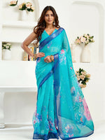 Thumbnail for Joban Fashion Turquoise  Floral Linen Ready To Wear Saree With Unstitched Blouse - Distacart