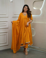 Thumbnail for The52 Orange Women's Gorgeous Viscose Fabric Embroidered Work Flared Kurta Pant and Dupatta Set - Distacart