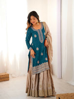 Thumbnail for Lehenga Mart Designer Sharara Suit With Kurta, Sharara, Dupatta For Women-Teal Blue - Distacart