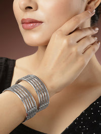 Thumbnail for NVR Women's Set of 2 Silver-Toned German Silver Oxidised Kada Bangle - Distacart