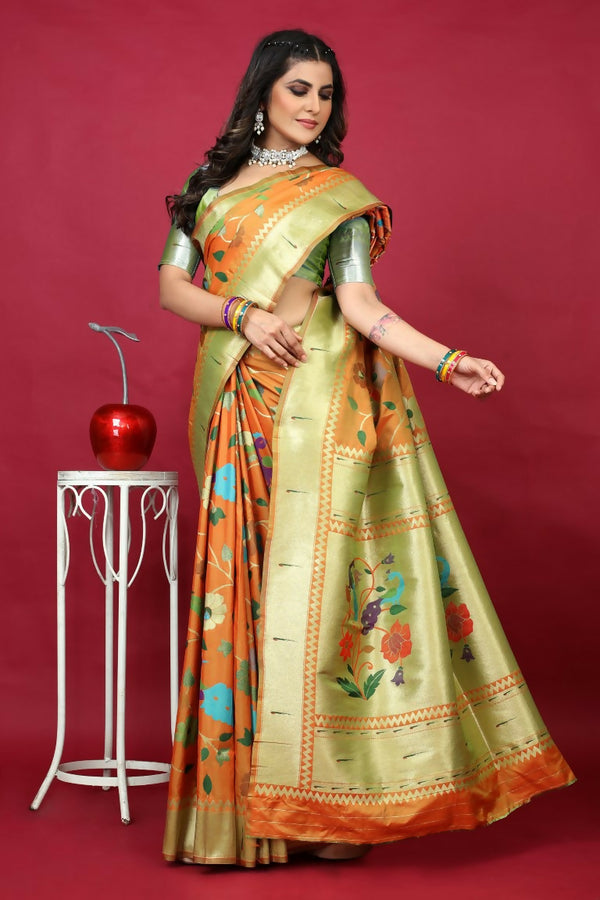 Jyoti Fashion Women's Orange Paithani Silk Zari Woven Saree with Blouse - Distacart