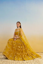 Thumbnail for Aastha Fashion Mustard Yellow Butterfly Net Tone To Tone Cotton Thread Work And Sequence Work Embroidery Wedding Wear Lehenga Choli - Distacart