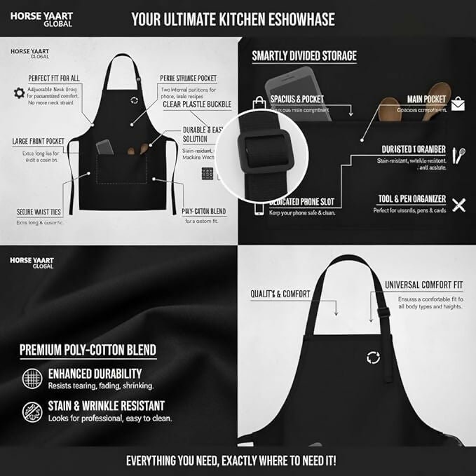 Horseyaart Professional Waterproof Apron For Kitchen/Chef-Black - Dista
