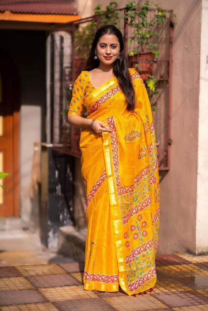 Mustard Silk Blend Geometric Saree with Unstitched Blouse - A2M - Distacart