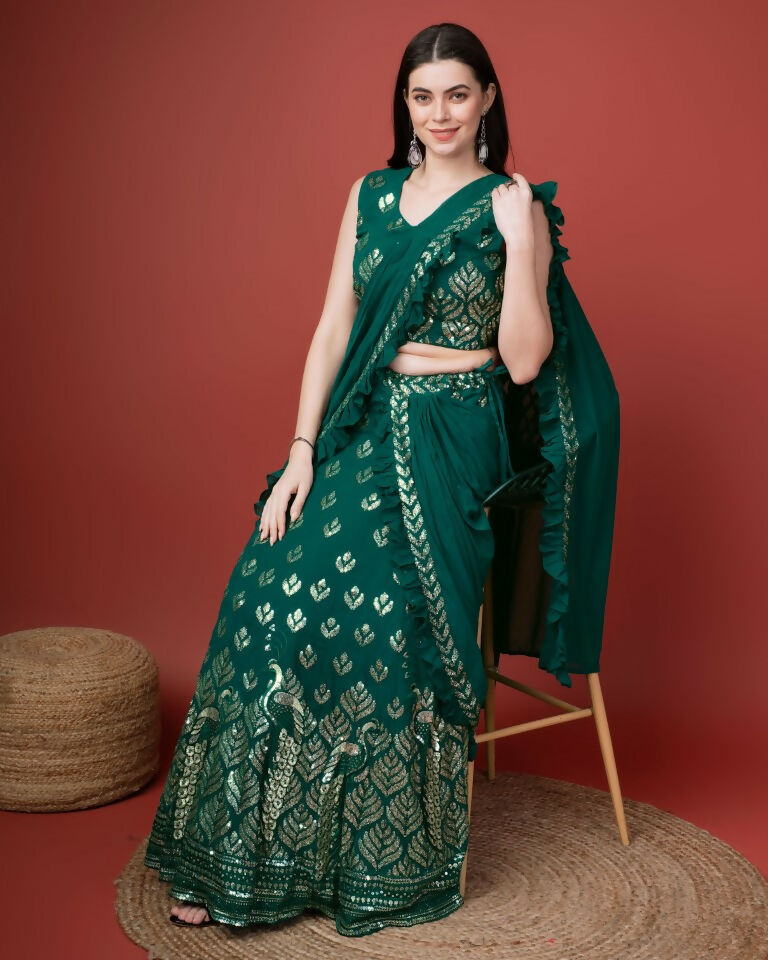 Green Georgette Sequence Embroidered Lehenga Choli with Dupatta - Tanya - Distacart