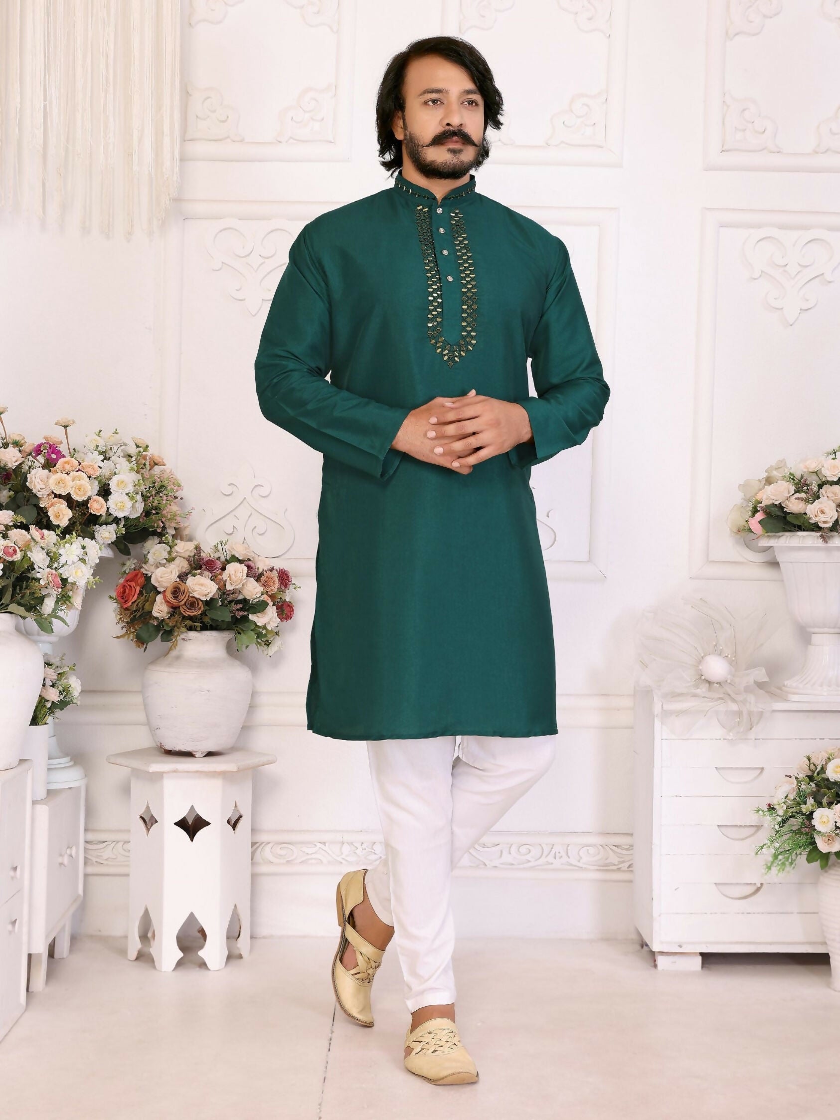 Anaita Green Silk Straight Kurta With Neck Mirror Work - Distacart