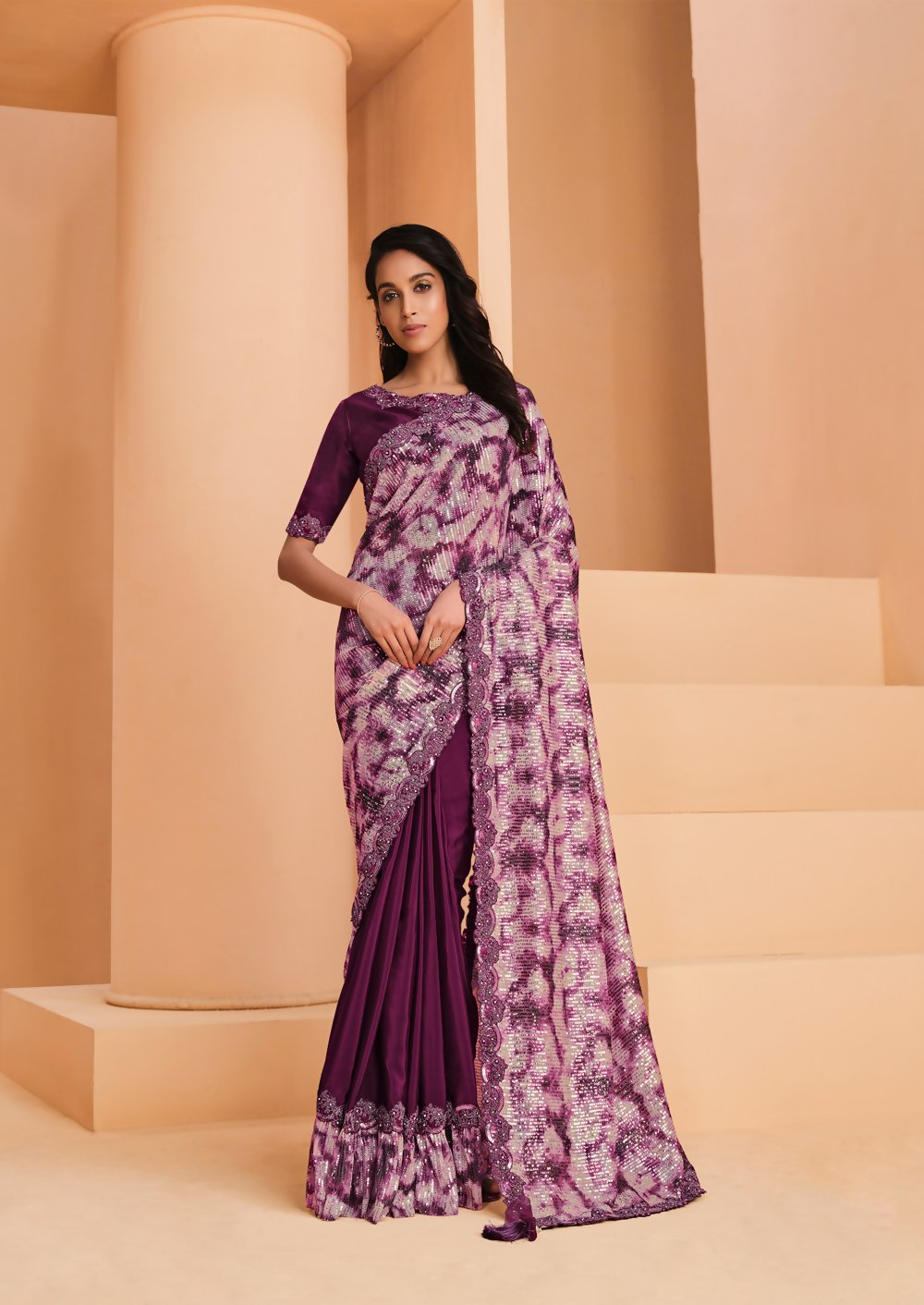 Wine Satin Crepe Silk Embroidery with Digital Sequence Work Saree - Norita Helly - Distacart