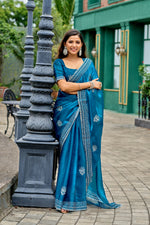 Thumbnail for Vastranavya Sea Blue Embroidery Work Shimmer Chiffon Saree with Unstitched Blouse