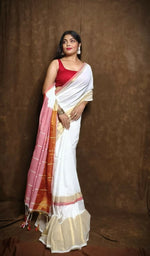 Thumbnail for Exclusive Collection White Red Pure Cotton Handloom Gorgeous Saree