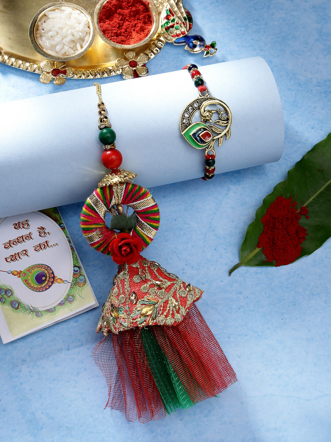 NVR Women & Men Set of 2 Multicolor Peacock Design Bhaiya Bhabhi Rakhi With Roli Chawal & Chocolate - Distacart