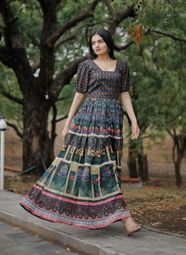 Jyoti Fashion Women's Black Heavy Digital Printed Pure Chanderi Anarkali Dress - Distacart