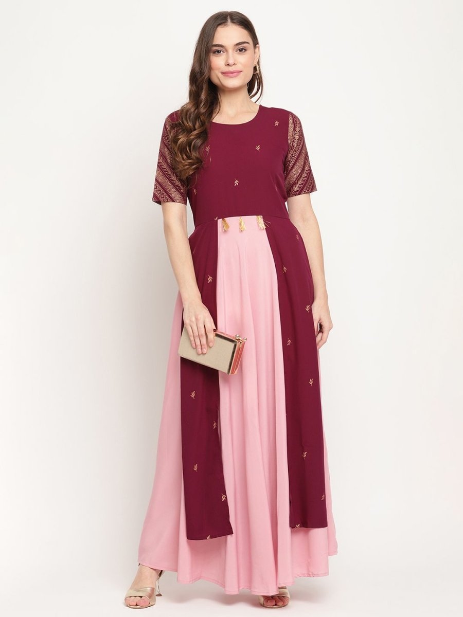 Ahalyaa Women Wine Crepe Glitter Print Dress