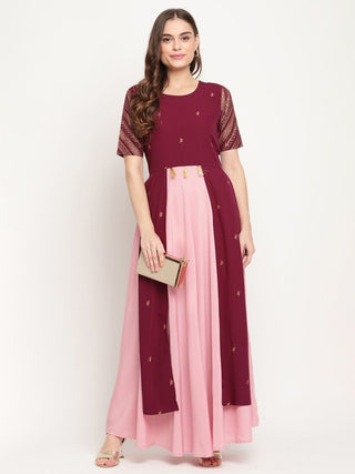 Ahalyaa Women Wine Crepe Glitter Print Dress