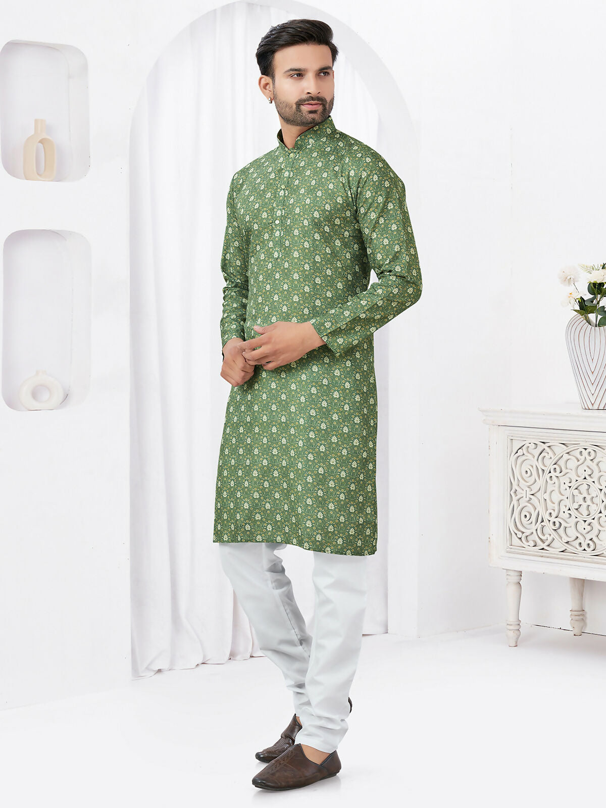 Joban Fashion Men's Rayon Cotton Green Printed Kurta Pyjama set - Distacart