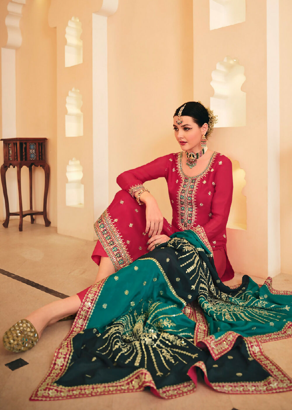 Dazzling Red Embroidered Chinnon Palazzo Salwar Kurta - Emponline - Distacart