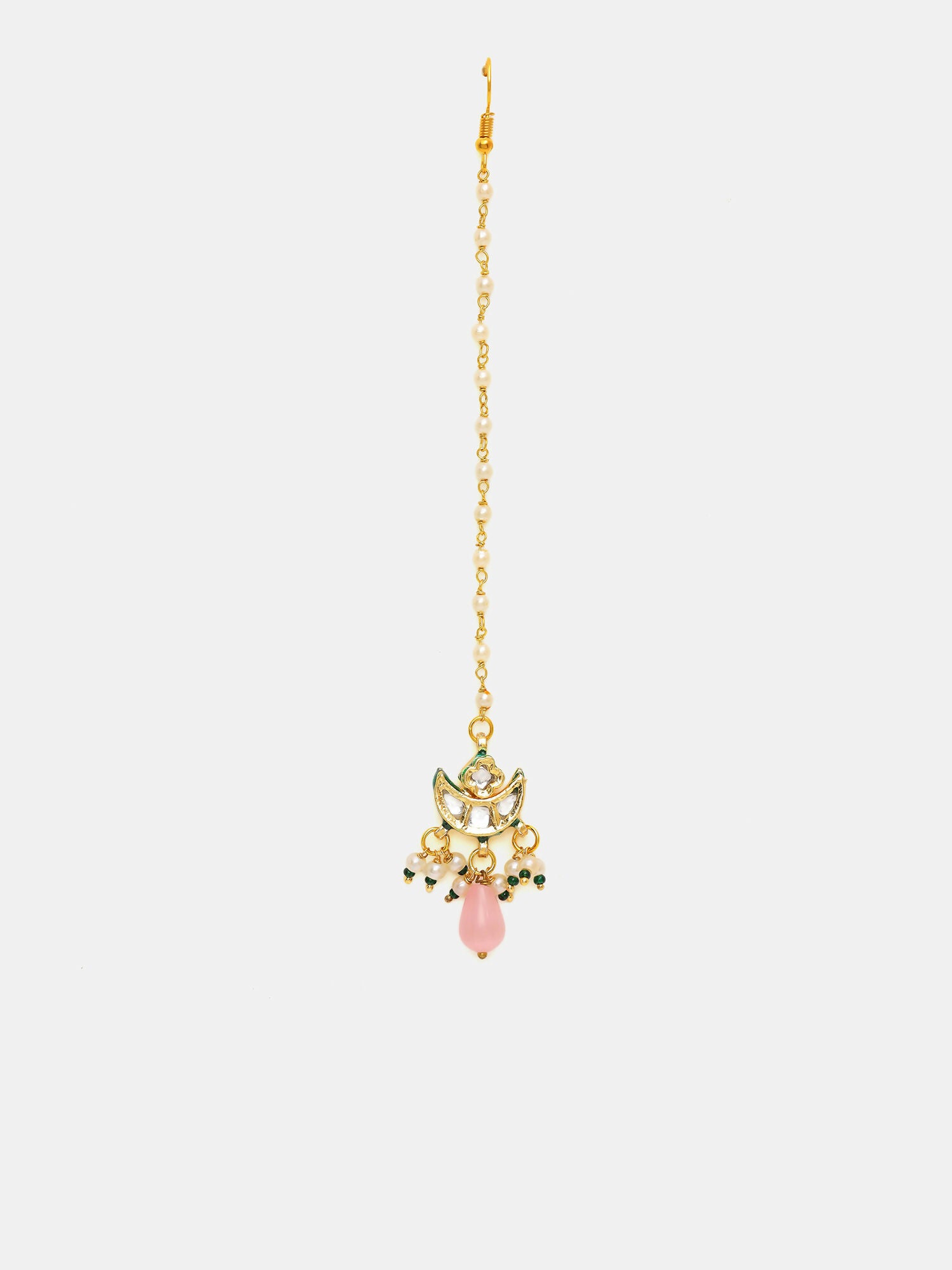 Ruby Raang Gold Polished Pink Kundan Maang Tikka