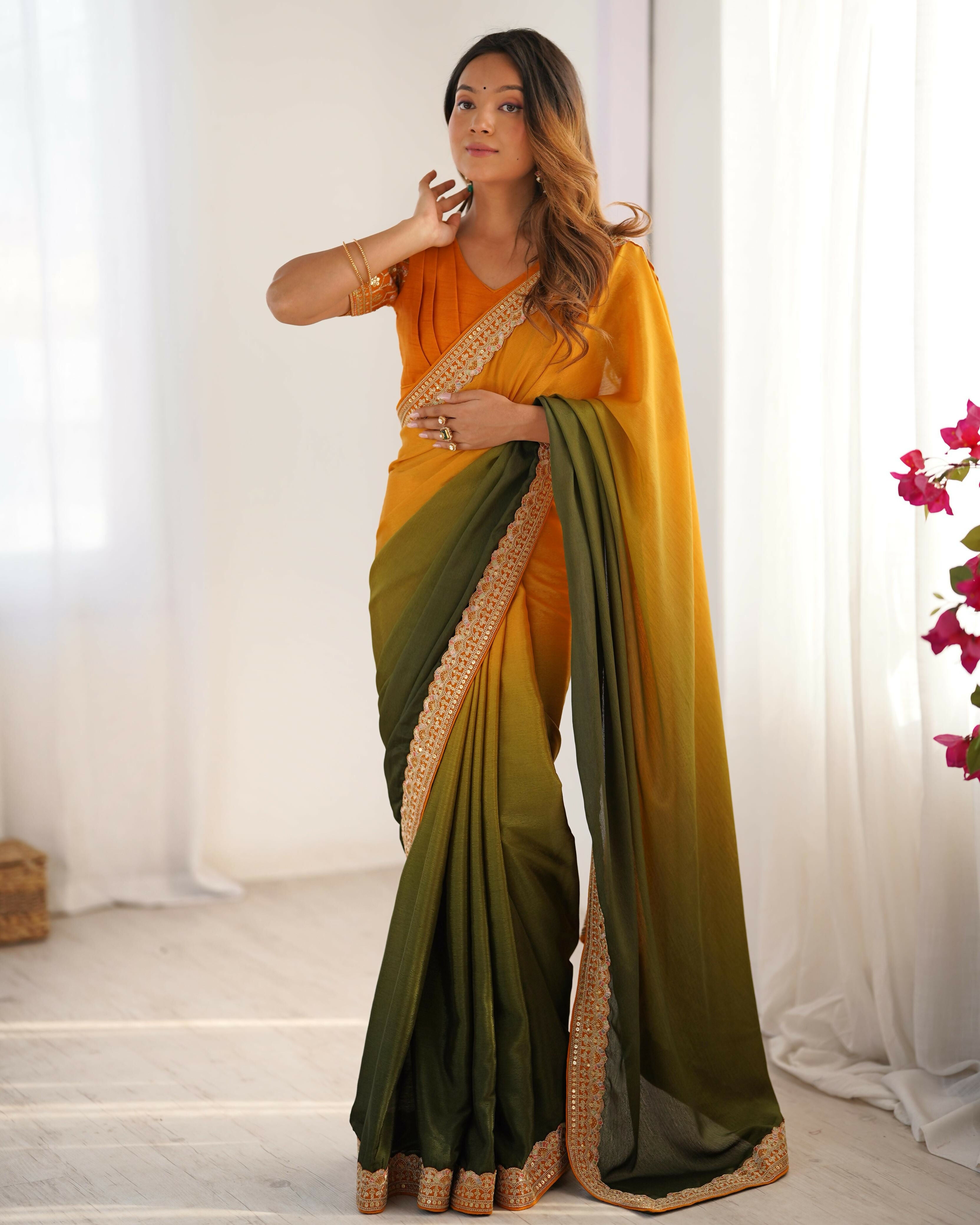 Joban Fashion Multicolor Chinon Silk Saree With Thread with Sequins work