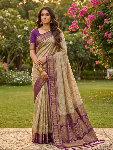 Shree Shyam Fashion Chiku With Purple Cotton Saree - Dista
