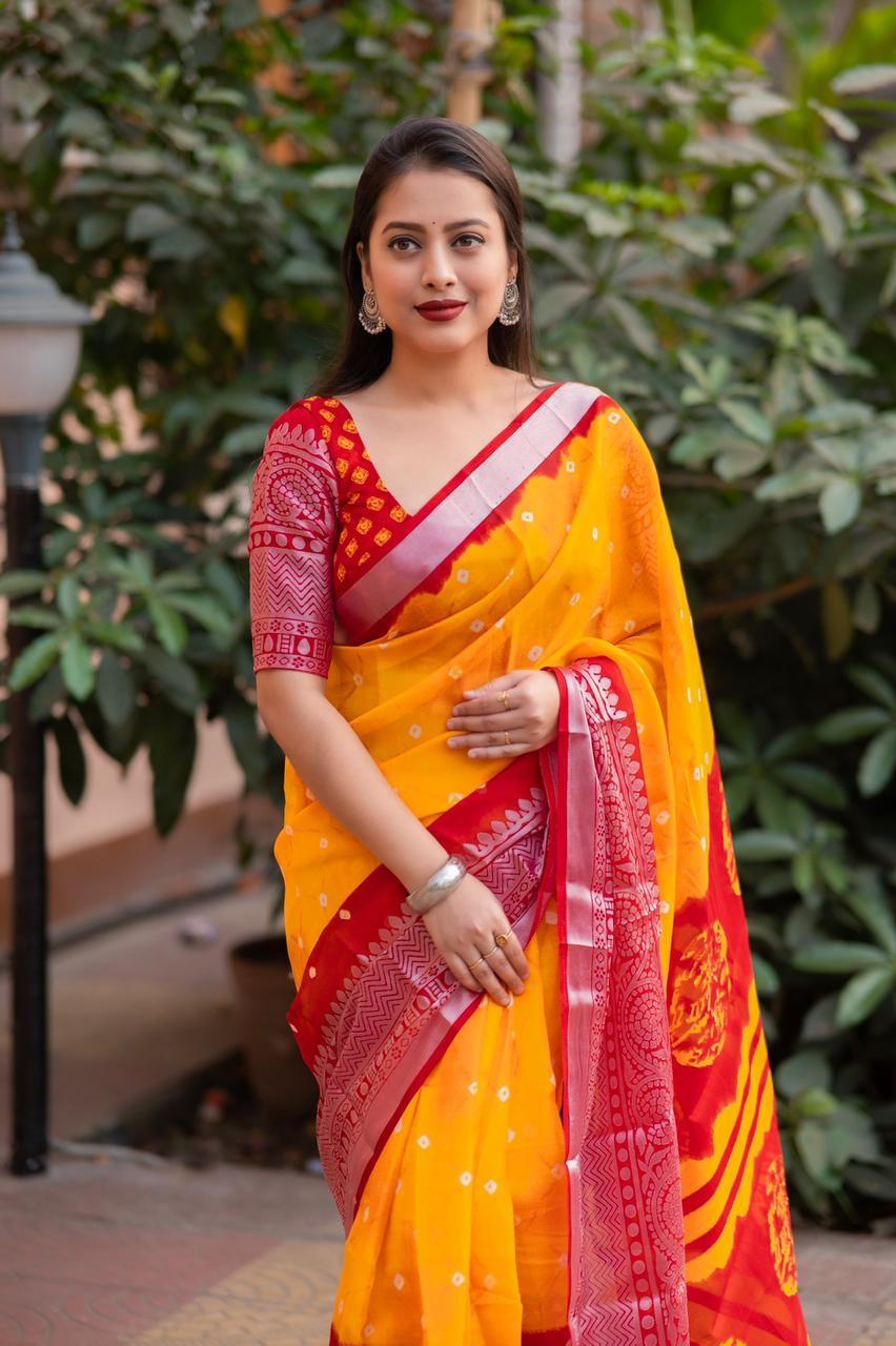 Orange Jute Silk Ethnic Motifs Saree with Unstitched Blouse - Hiral Fashion - Distacart