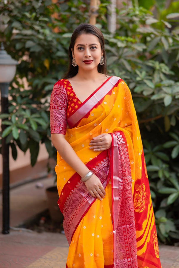 Orange Jute Silk Ethnic Motifs Saree with Unstitched Blouse - Hiral Fashion - Distacart