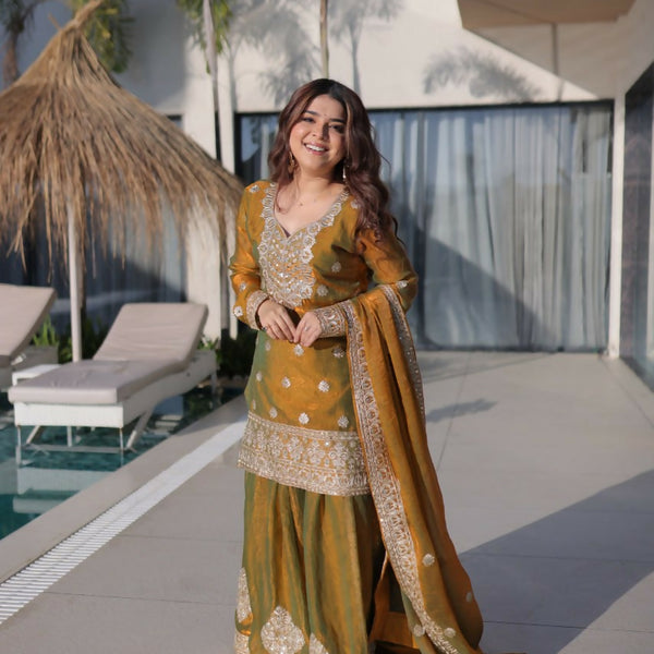 Teeya Creation Womens New Fendi Chiffon With Zari Sequins Coding Embroidered Work Kurta Set - Dista
