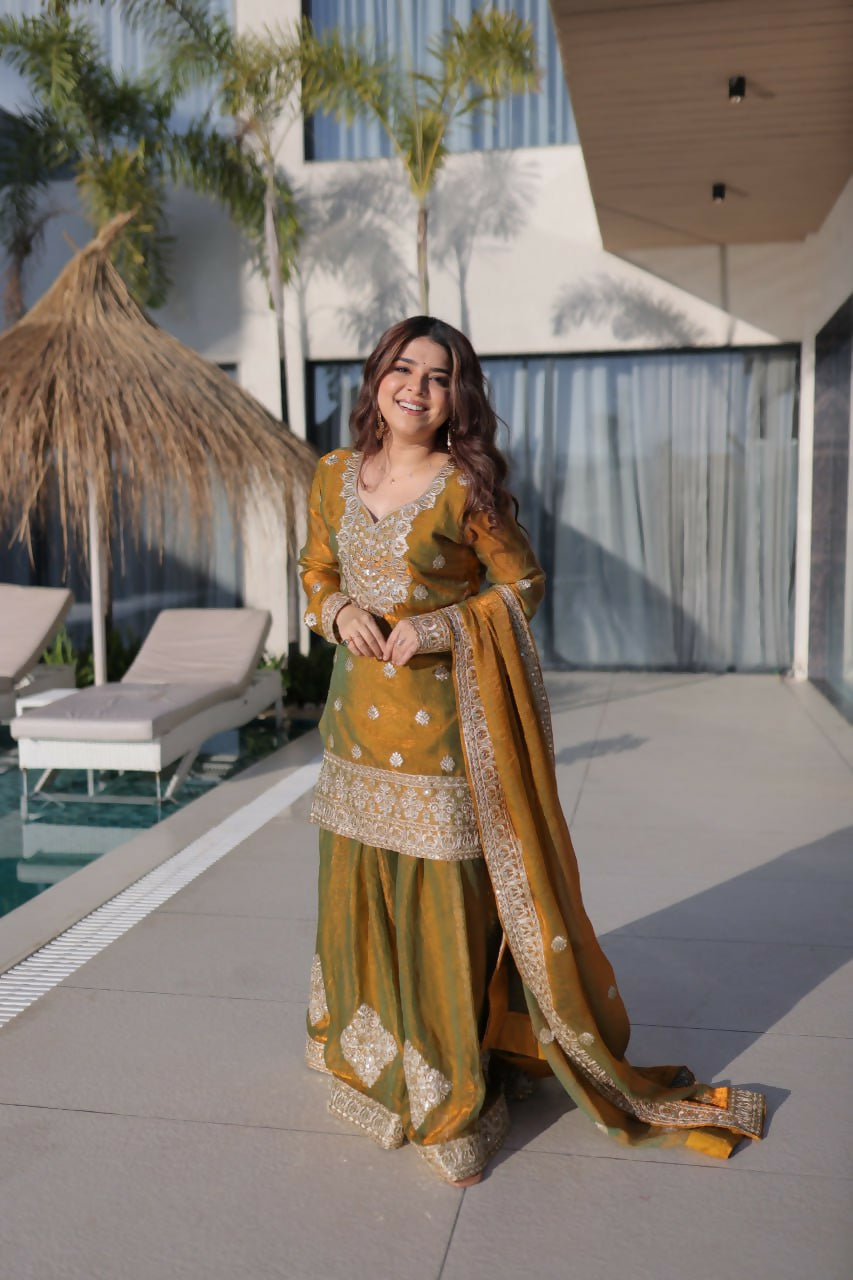 Teeya Creation Womens New Fendi Chiffon With Zari Sequins Coding Embroidered Work Kurta Set - Dista