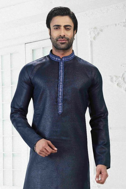 Raivat Ethnic Linen Cotton Thread Work Kurta Pajama In Blue Colour - Dista