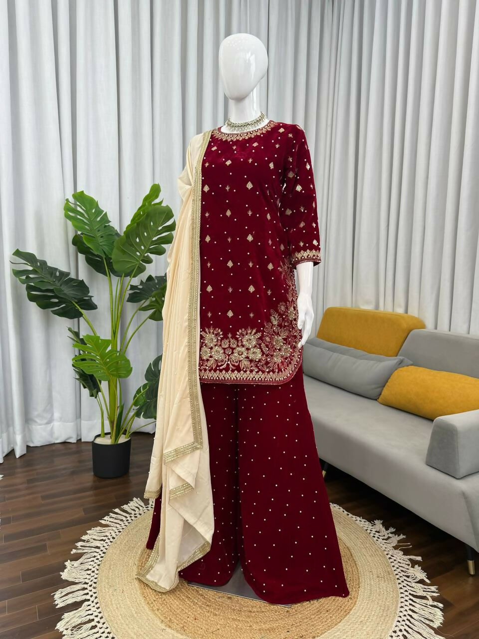 Vastranavya Maroon Viscose Velvet Intricate Thread & Sequence With Pearl Work Top Palazzo With Dupatta - Distacart