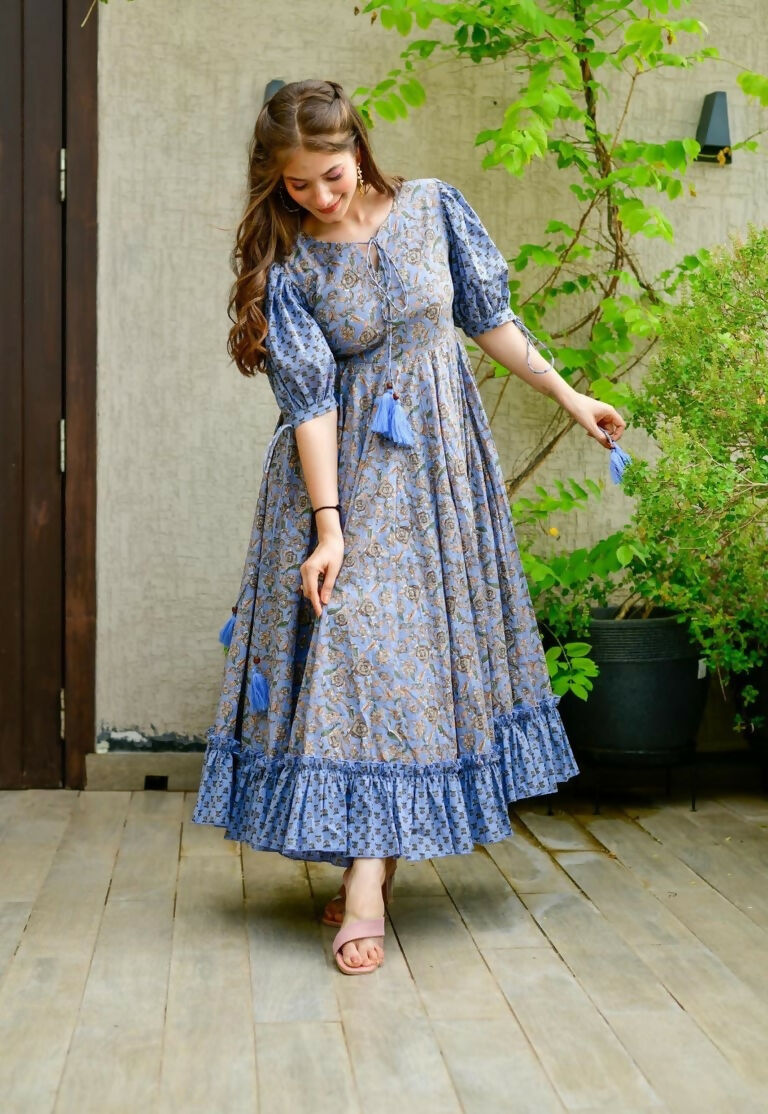 Jyoti Fashion Women's Blue Heavy Digital Printed Cotton Silk Anarkali Dress - Distacart