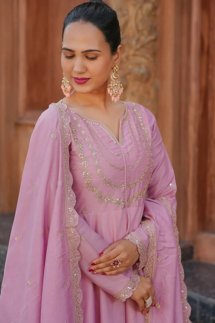 The52 Pink Women's Gorgeous Vichitra Silk Fabric Embroidered Work Flared Anarkali Pant and Dupatta Set