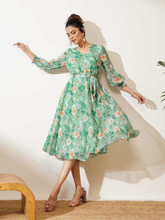 Janasya Mint Fit & Flare Chiffon Dress - Dista