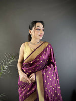 Thumbnail for Joban Fashion Wine Polka Dot Lichi Silk Paithani Silk Saree - Distacart