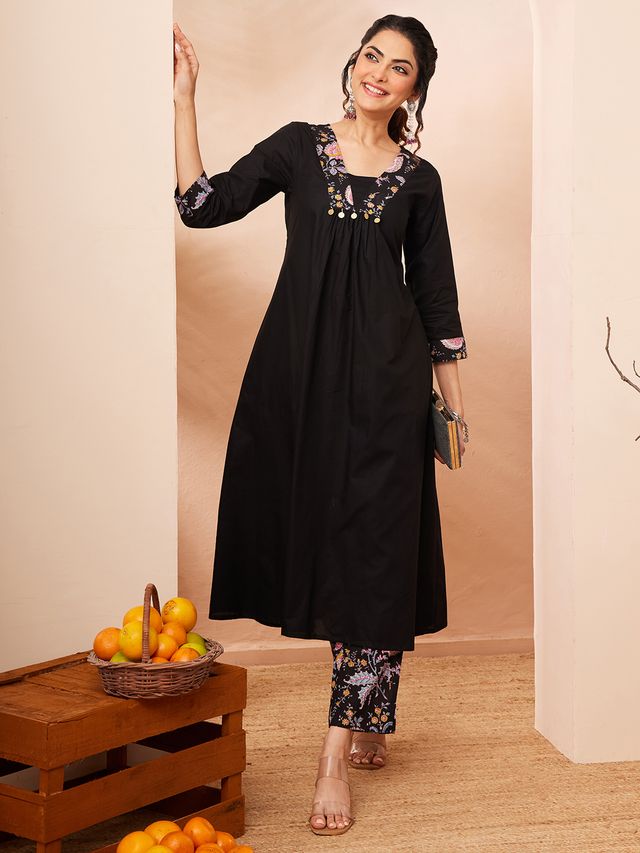 Janasya Black A-Line Cotton Kurta & Bottom - Dista