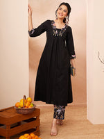 Thumbnail for Janasya Black A-Line Cotton Kurta & Bottom - Dista