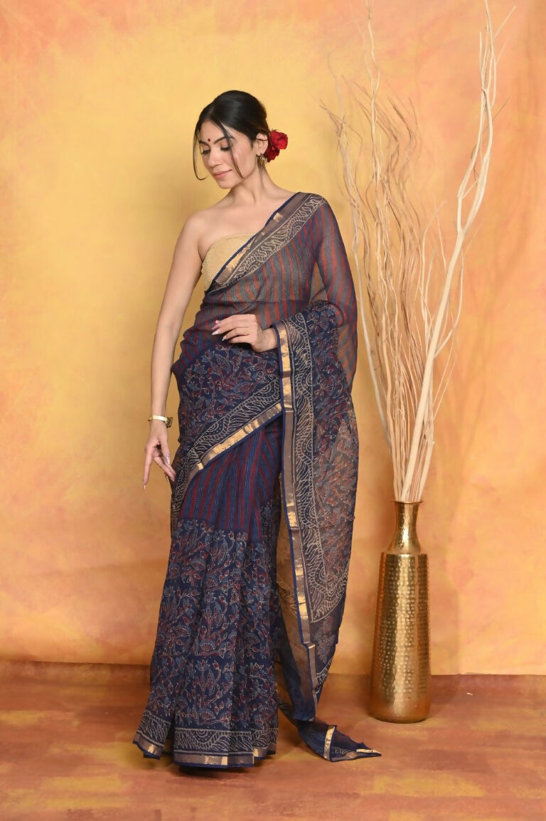 Very Much Indian Pure Kota Cotton Handblock Printed Saree - Dark Blue - Distacart