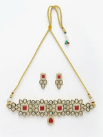 Thumbnail for NVR Women's Red & Gold Kundan Studded Handcrafted Choker Jewellery Set - Distacart