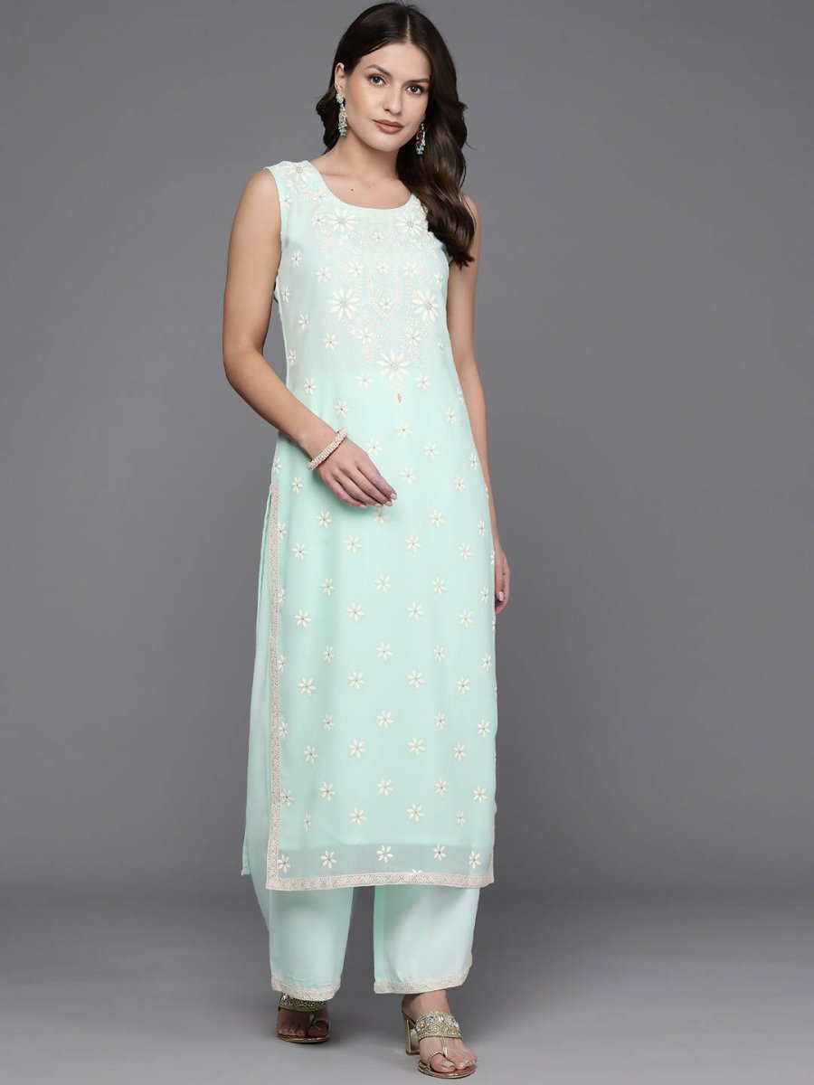 Ahalyaa Women Floral Embroidered Regular Kurta with Palazzos - Blue Color - Distacart