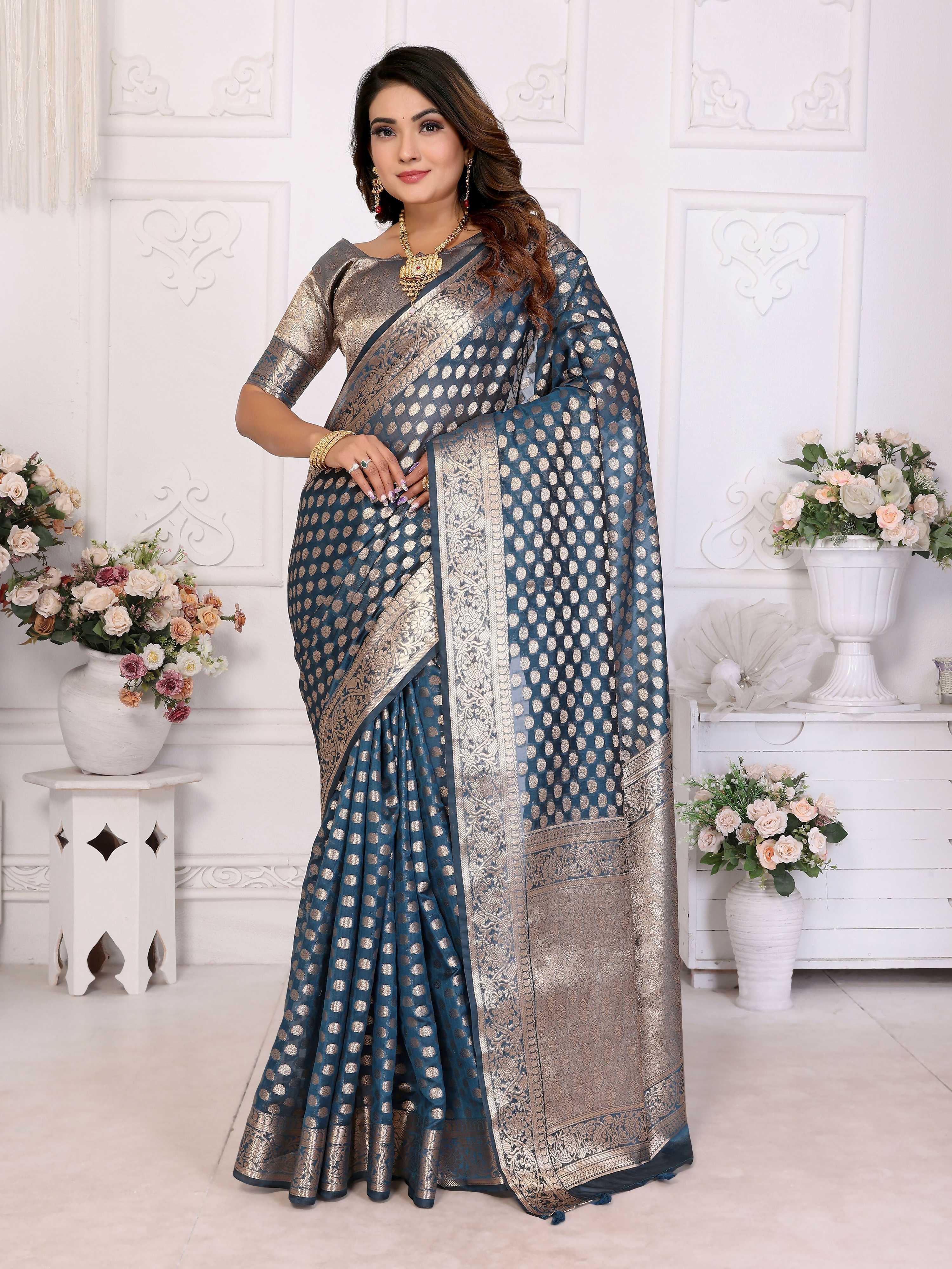 Aastha Fashion Teal Organza Silk Weaving Saree - Distacart