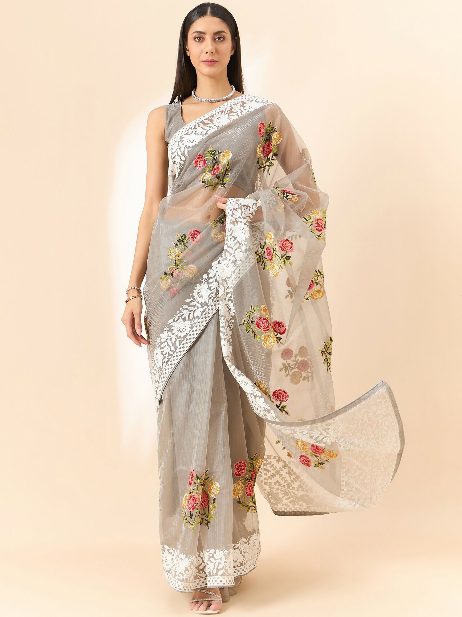 Grey Organza Floral Embroidered Saree with Unstitched Blouse Piece - Roozal - Distacart