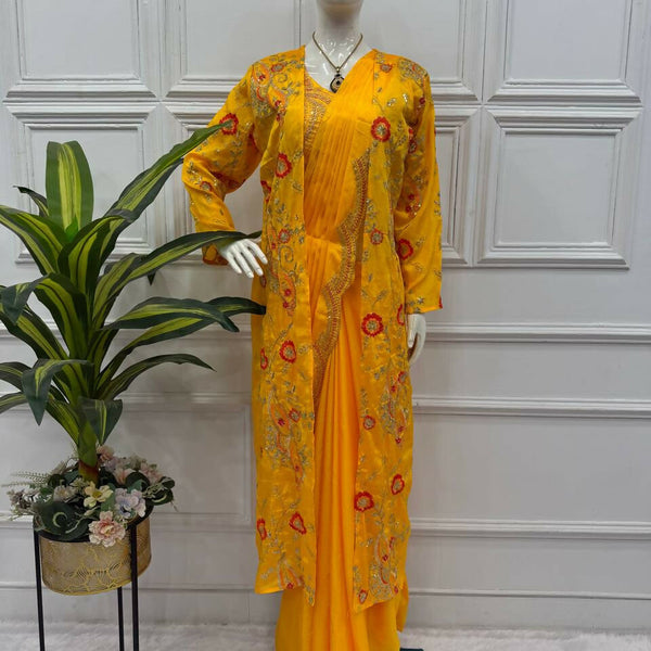 Teeya Creation Yellow Color Chinon Silk Designer Embroidery Work Ready To Wear Saree With Koti - Distacart