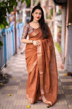 Thumbnail for Brown Linen Sequence Saree with Unstitched Blouse - Hiral Fashion - Distacart