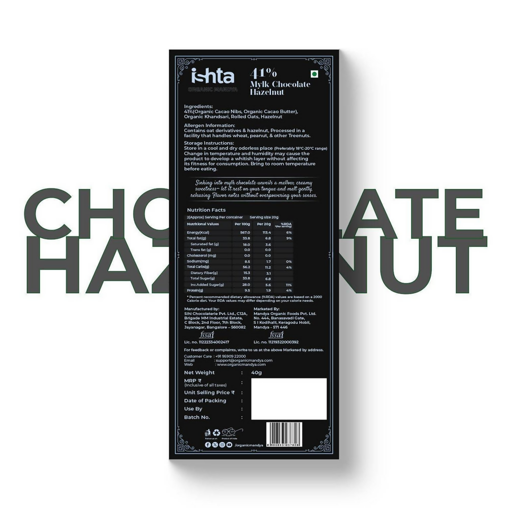 Organic Mandya 41% Mylk Chocolate with Hazelnut - Distacart
