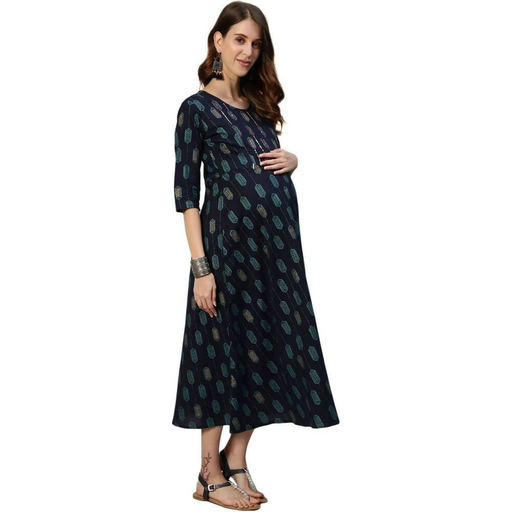Anubhutee Women's Rayon Knee-Length Ethnic Motifs Maternity A-Line Navy Blue Midi Dress - Distacart