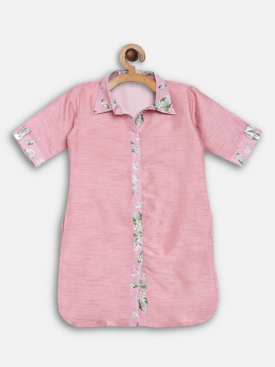 Ahalyaa Pink Poly Silk Solid Kids Kurta with Printed Pant Set For Girls - Distacart