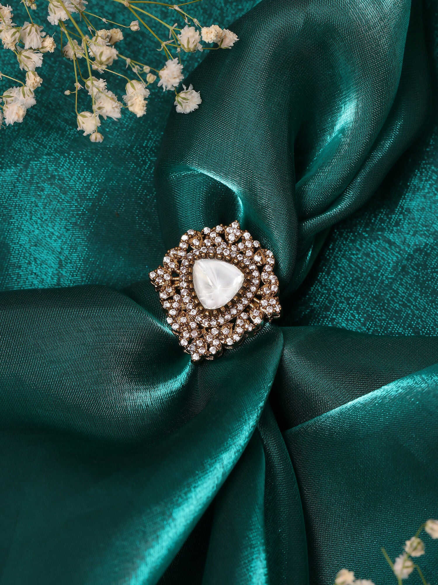 Ruby Raang Festive Gold Polished White Kundan Ring