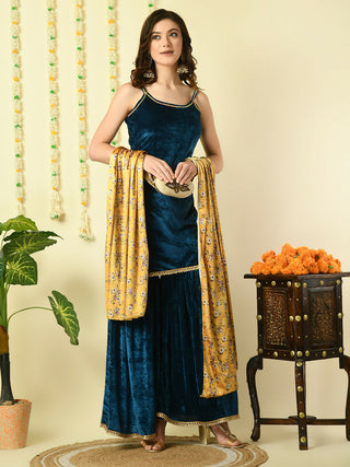 Myshka Women's Teal Velvet Kurti & Sharara With Dupatta Party Sets - Distacart
