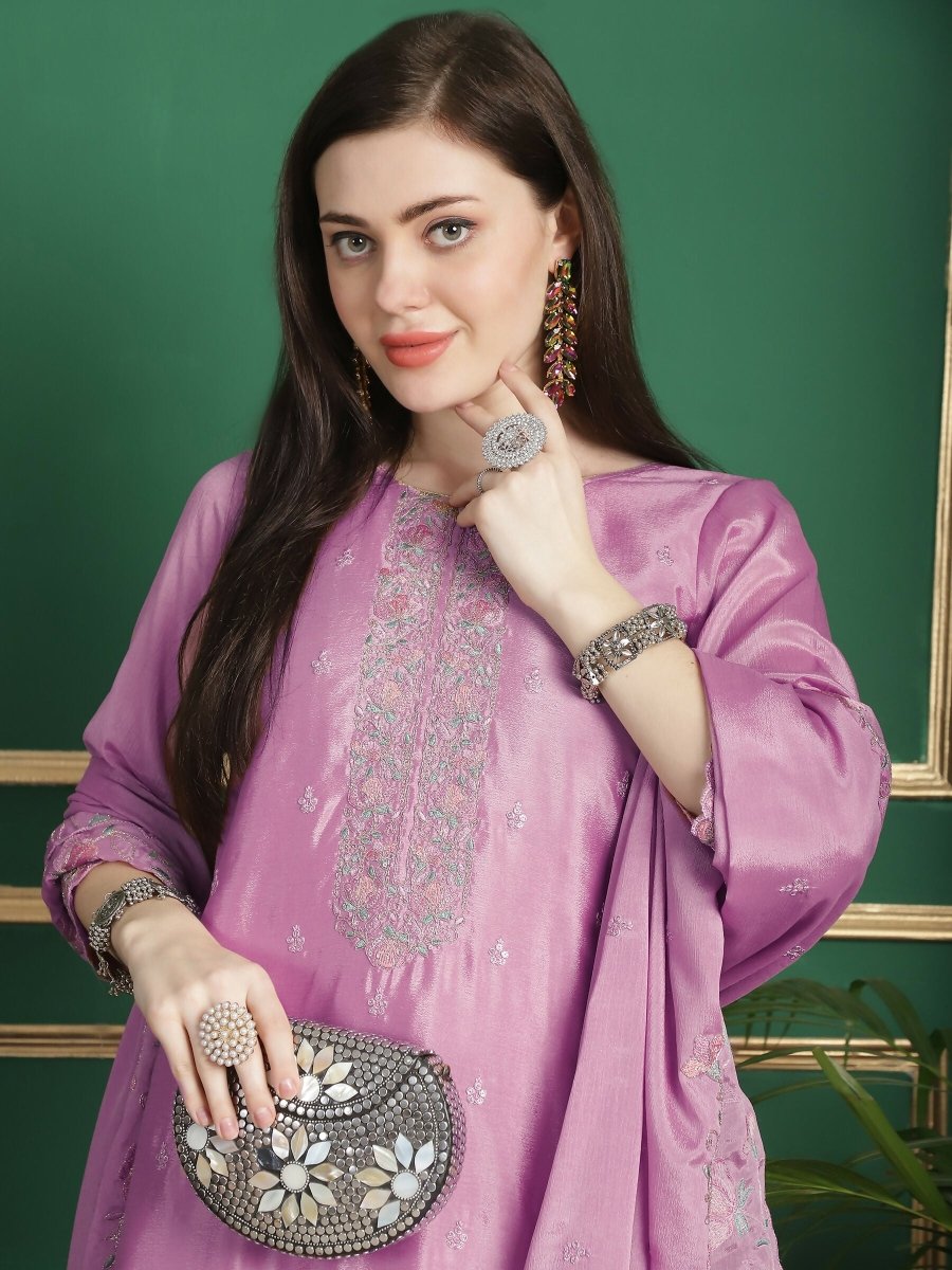 Aastha Fashion Women's Pink Chinon Chiffon Floral Embroidery with Cording & Crystal Work Designer Straight Suit Set - Distacart