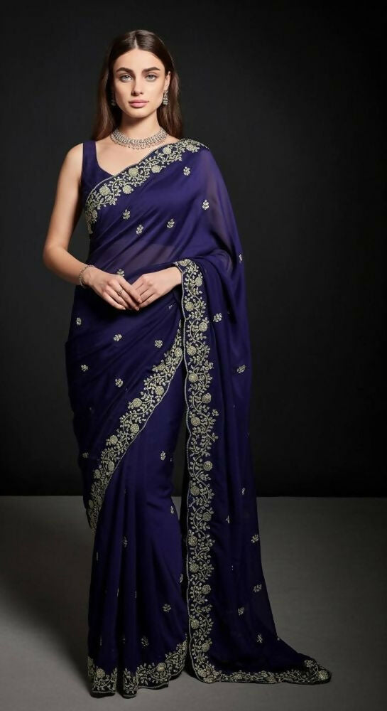 Joban Fashion Blue Fandy Satin Silk Party Wear Sarees - Distacart